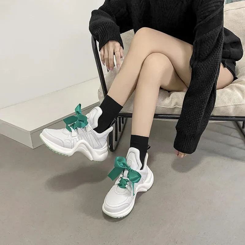 Casual Shoes Bow Ribbon Platform Sneakers Kvinnor andningsbara löpande damer Höjd ökar