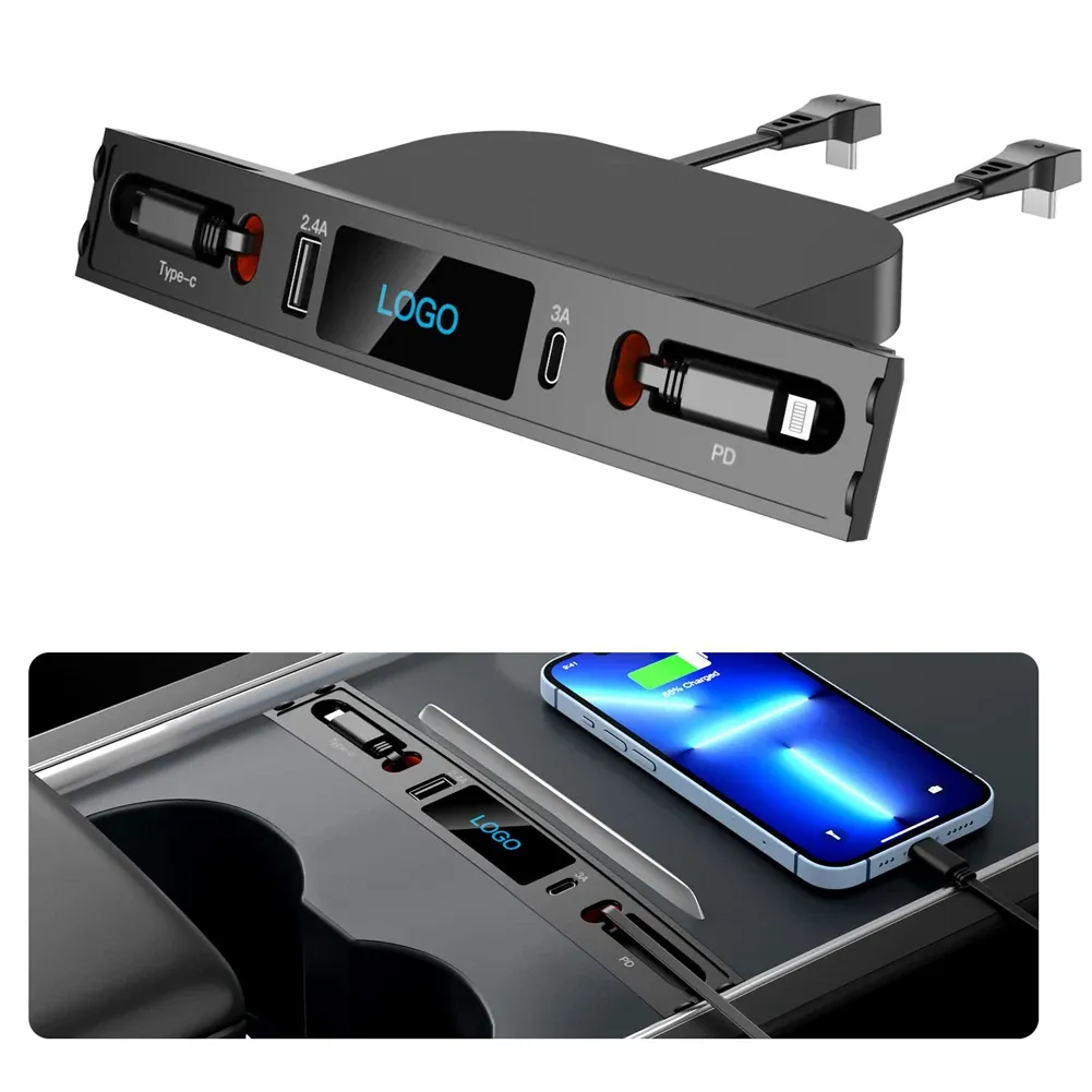 Nav för Tesla Model 3 Y Docking Station 27W PD Typ C Hub Quick Charger USB LED Shunt Hub Extension Center Console Smart Sensor 2023