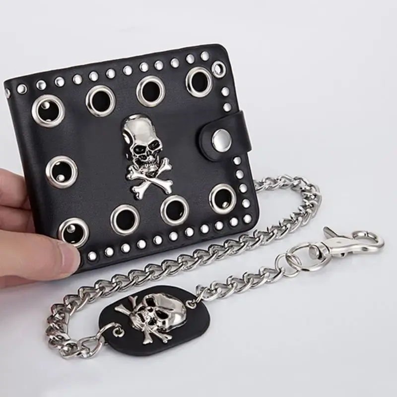 Holders Leather Cool Punk Gothic Western Skull Clutch Purse Wallets With Chain For Men