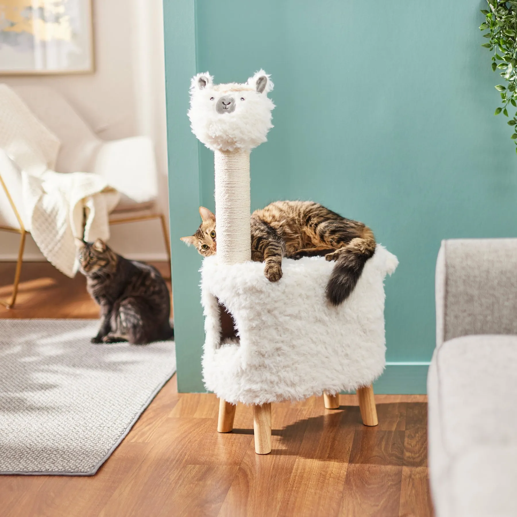 Indoor Cat House With Washable Cushion - Large Cat Condo With Scratch Pad & Toy For Cats & Small Dogs