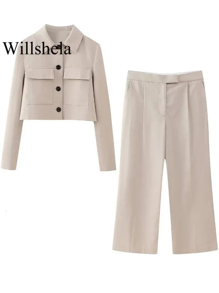 Willshela Women Fashion STINE STINE KHAKI BLAZER مع جيوب عتيقة سراويل سحاب أمامية فاهي