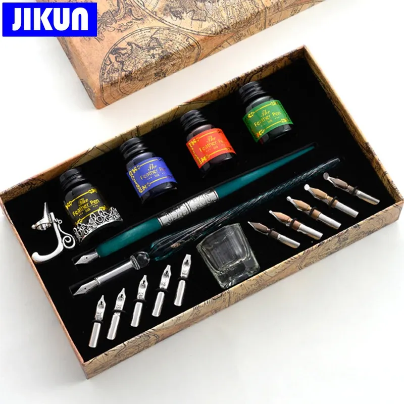 Bolígrafos jikun set de lápiz de lápiz de vidrio único estrellado cielo estrellado caligrafía escribiendo cristalpens 4 color fuente de tinta de tinta regalo estudiante de papelería