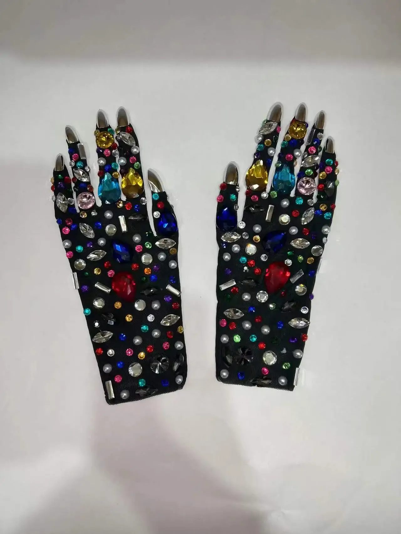 Collane lussuose guanti colorati di strass mesh splendenti guanti corti cristalli nightclub Accessori per spettacoli di performance