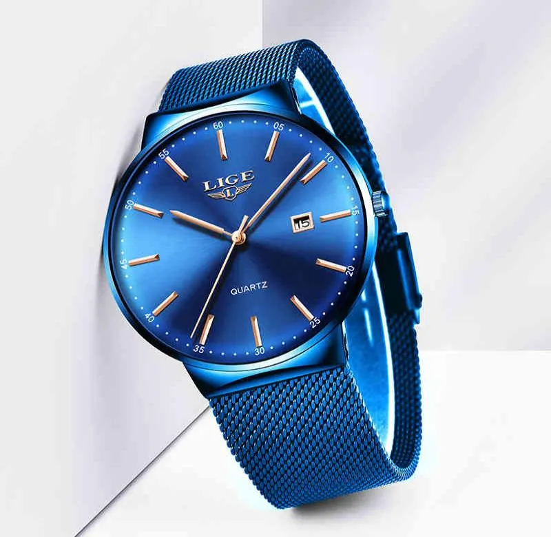 남성 시계 Lige Top Brand Luxury Blue Waterproof Wrist Watches Ultra Thin Date Simple Casual Quartz 남성 스포츠 시계 Q2130554