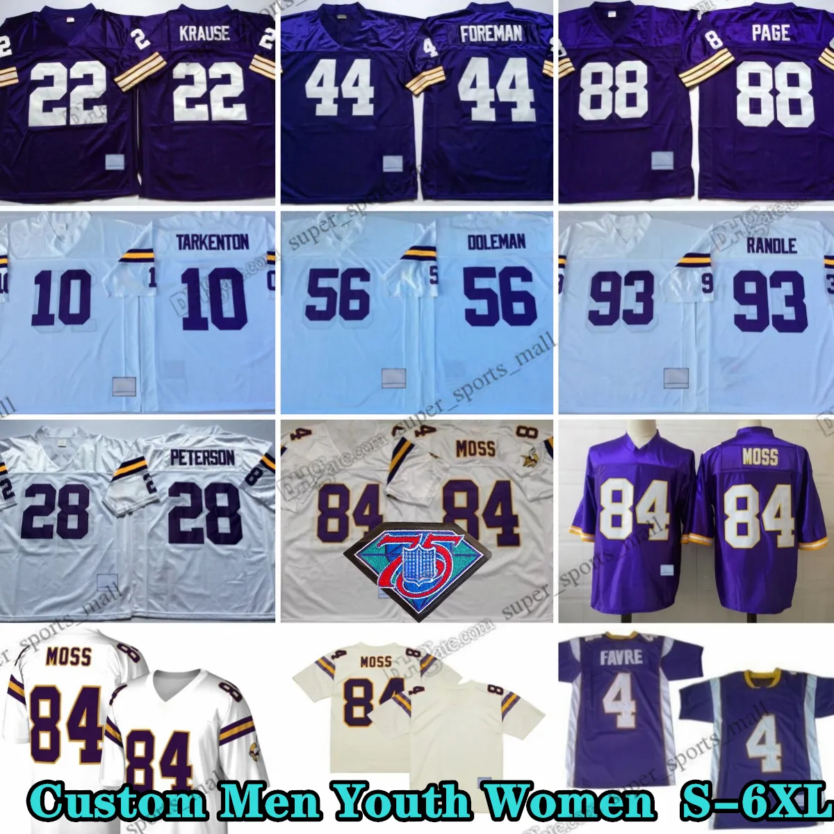 Custom 75th Vintage 53 Mick Tingelhoff 1968 Koszulki piłkarskie 10 Fran Tarkenton 64 Randall McDaniel 73 Ron Yary 88 Alan Page 84 Randy Moss 70 Jim Marshall 55 Studwell