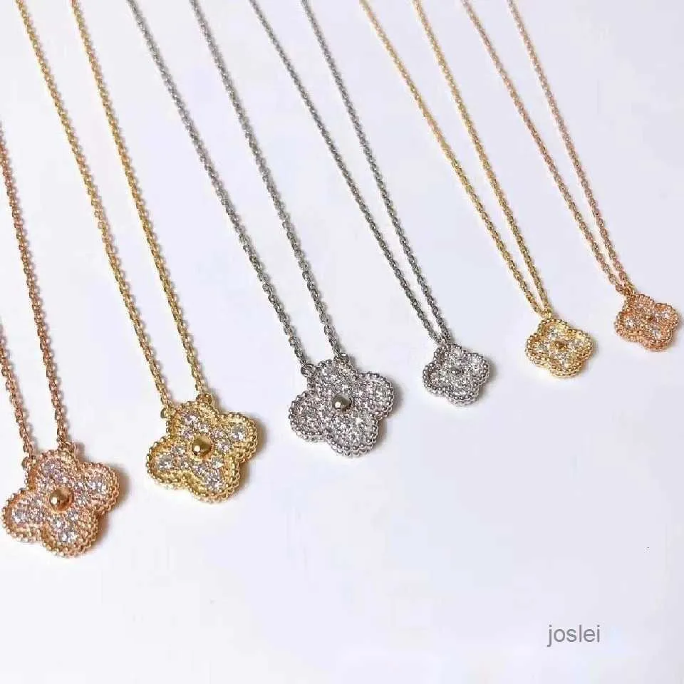 2024 Designer vier-blad 925 Puur verzilverde 18K Rose Gold Lucky Clover Full Diamond Necklace Dames Mini Kleine Crowd Chain