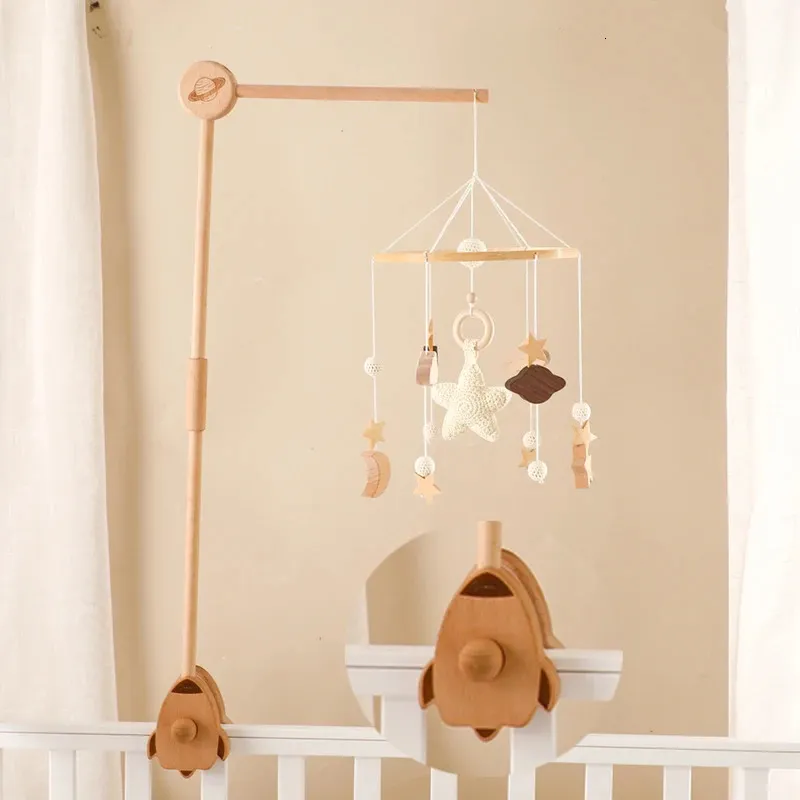 Baby Rattle Toy 0-12 Months Wooden Rocket Sky Mobile born Music Box Bed Bell Hanging Toys Holder Bracket Infant Crib Gift 240418