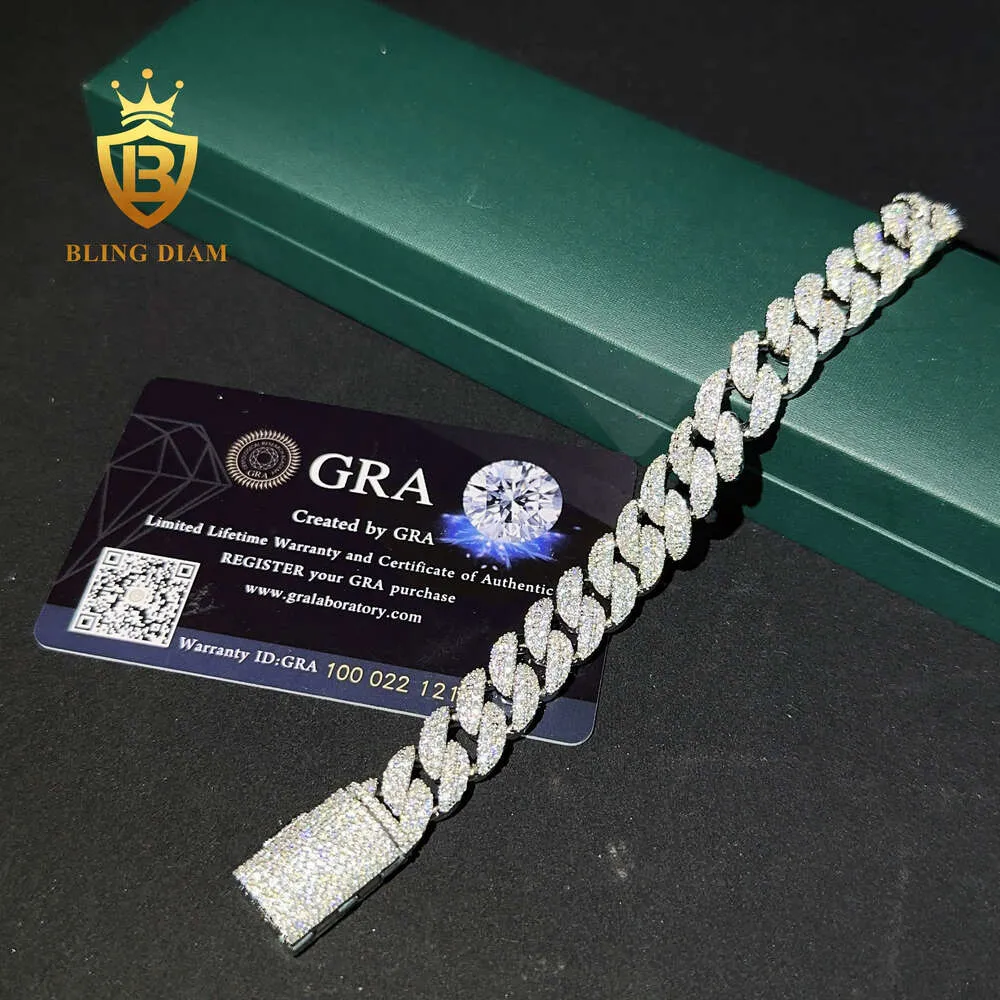 Bracelet hip hop à vente chaude 12 mm Ice Out S925 Silver VVS Moisanite Diamond Cuban Link Chain Collier Bracelet