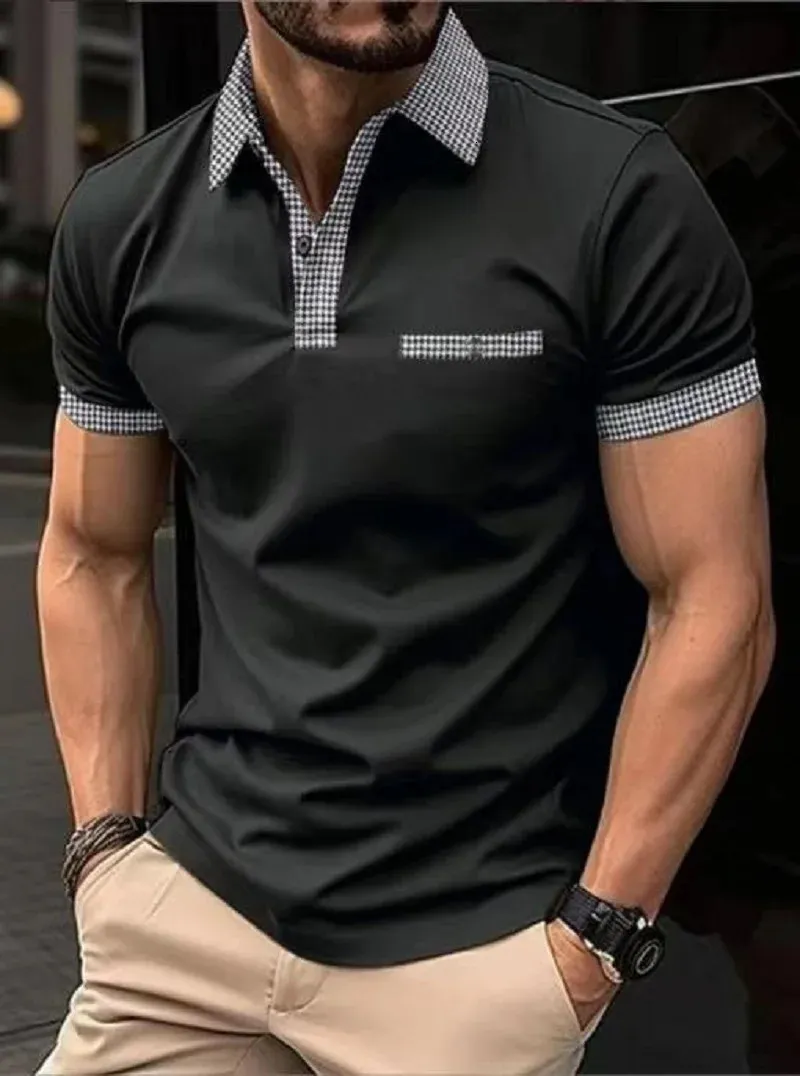 Summer Bussiness Casual Men Polo Shirts Plaid 3D Lapel Button Short Sleeve Fashion Tops Golf T Shirt Overdized Herrkläder 240418