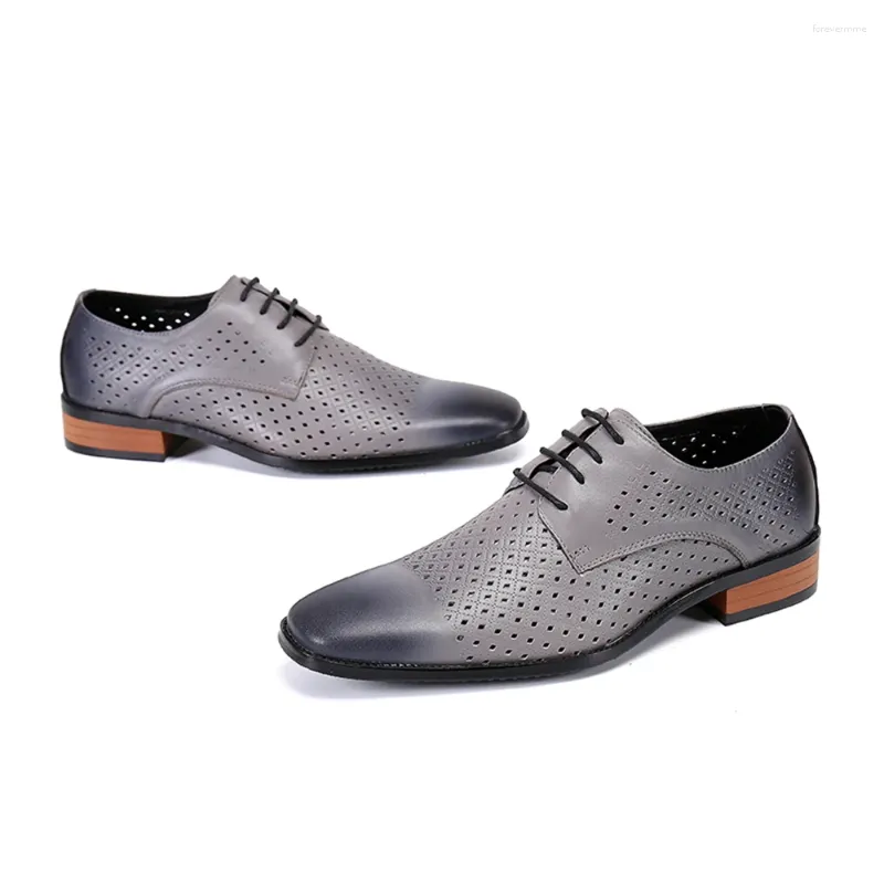 Chaussures habillées hommes creux respirant en cuir authentique gris massif en lacet up up oxford Business Casual Luxury