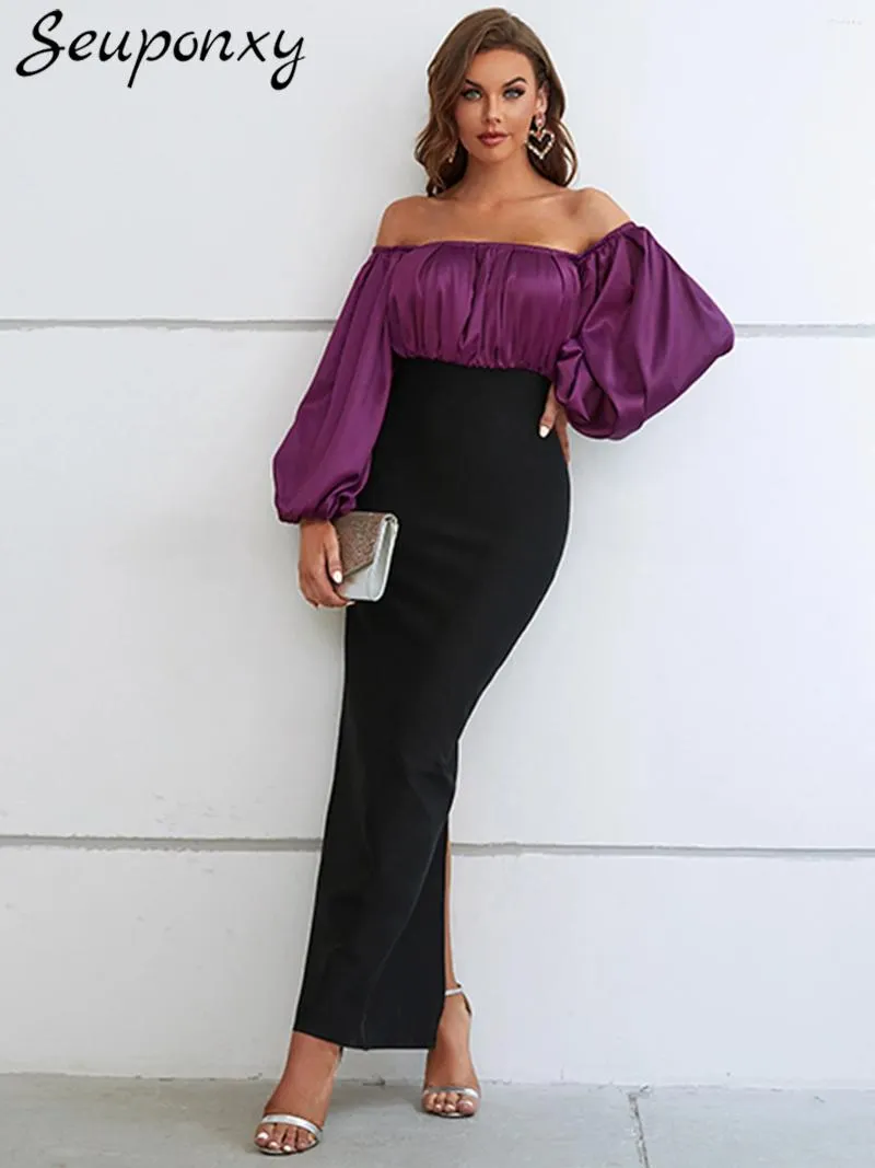 Casual Dresses High Quality Women's Sexy Off Shoulder Long Sleeped Backless Patchwork Bandage Maxi Dress 2024 Elegant Celebrity Party