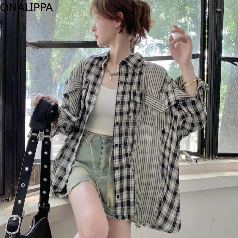 Frauenblusen onalippa gestreiftes kariertes Patchwork Casual Shirts Kragenkontrast alle Match Womens Tops Koreanische Single Breauzed Bluse ab