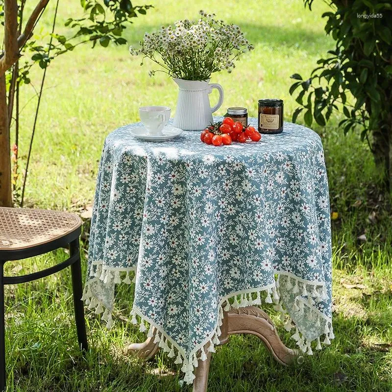 Table Cloth A148 Small Fresh Pastoral Style Tablecloth Tassel Dining Mat Coffee Cover Blue Floral Background Daisy