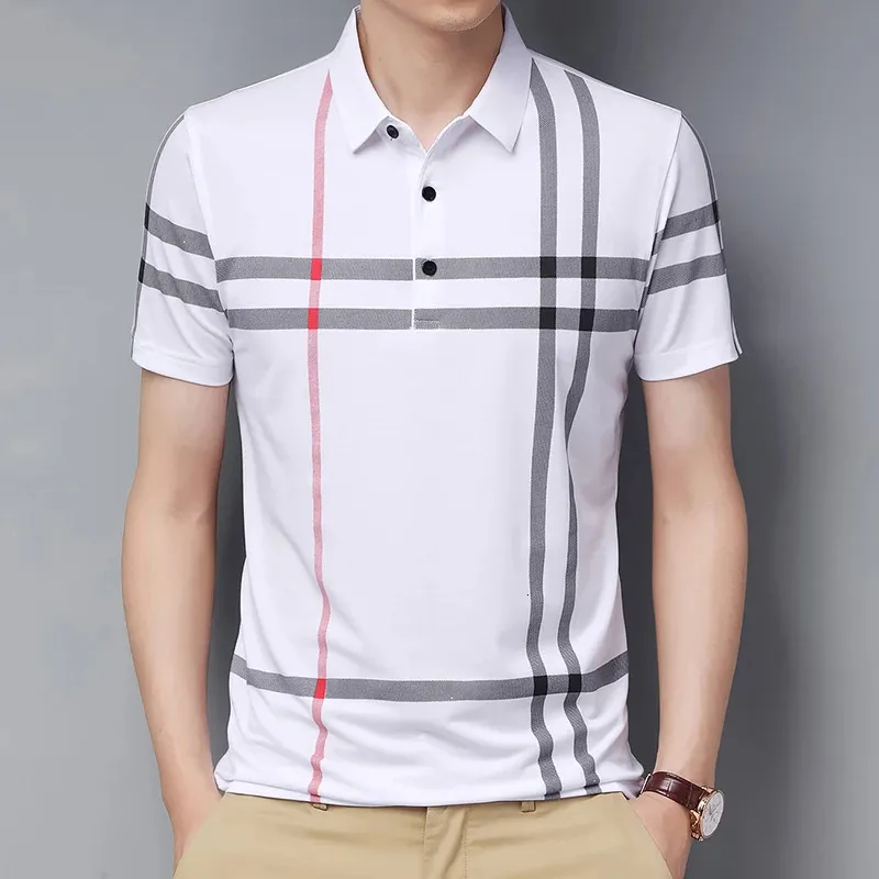 남성 고품질 여름 격자 무늬 유리한 짧은 슬리브 폴로 셔츠 클래식 비즈니스 캐주얼 통기 줄무늬 옷깃 Tshirt 240418