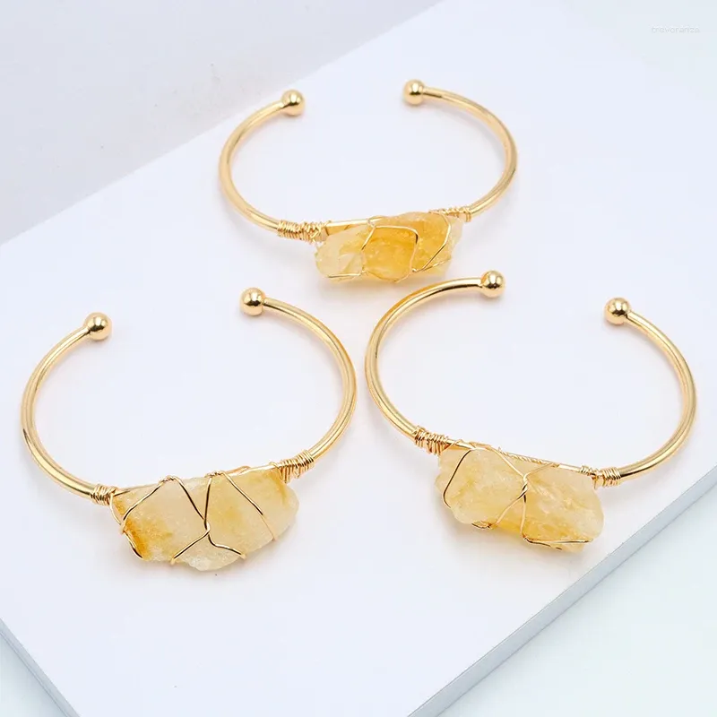 Bangle Irregular Raw Citrine Wide Open For Women Gold-color Genuine Stone Adjustable Bracelet Jewelry