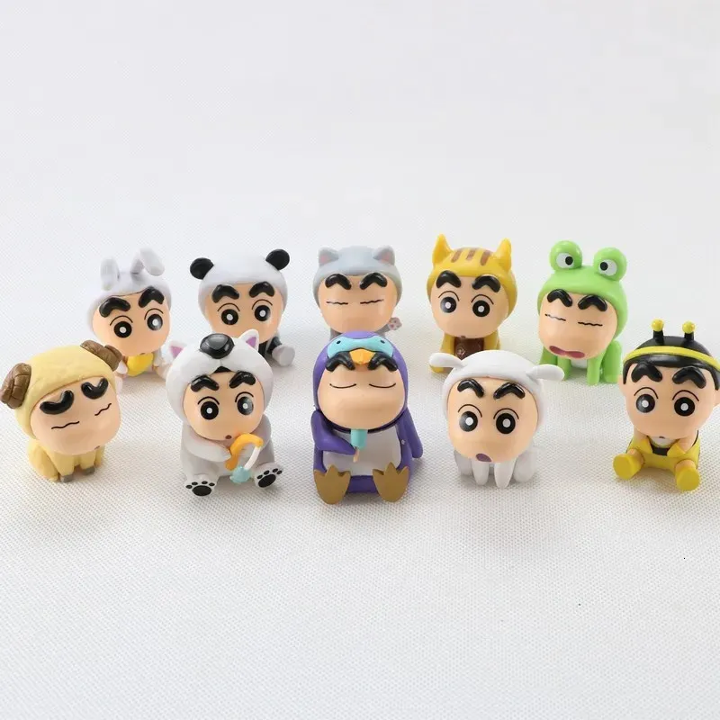 4/6/10pcs Set Crayon Shin-chan Anime Figure Fishing Puppy Kawaii Q version mini figurines Collectibles Collectibles Enfants Toys Cadeaux 240407