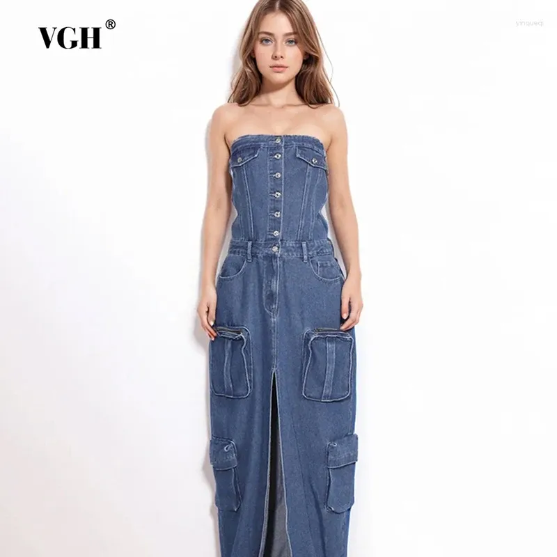 Casual Dresses VGH Solid Patchwork Pockets Denim For Women Strapless Sleeveless High Waist Spliced Single Breasted Dress Female