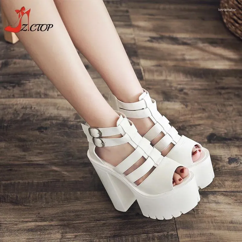 Sandały 15 cm Platforma Super High Heels Platforma Peep Stopa Chunky Obcowanie Rzym Buty Summer Pumps Black White Party