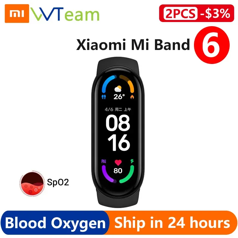 リストバンドXiaomi Mi Band 6スマートブレスレット5カラーアモレッド血液酸素スマートバンドフィットネストレーカー心拍数防水グローバルオプション