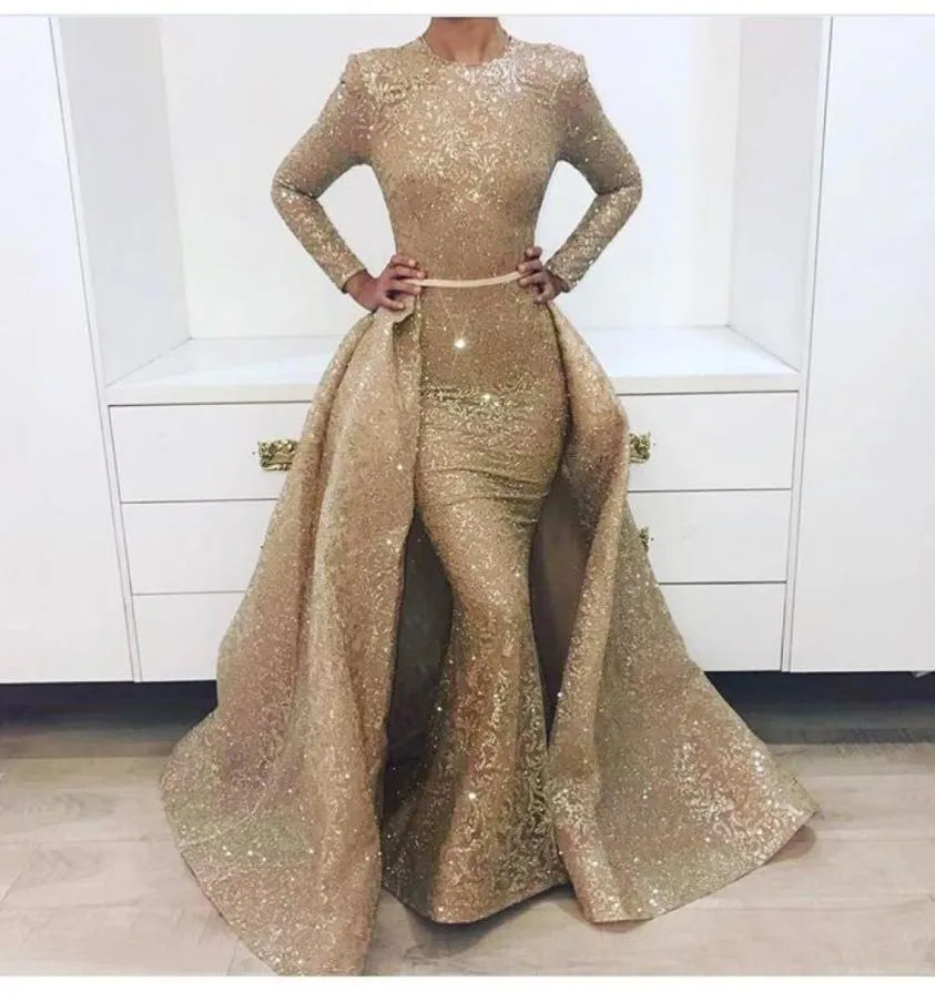 New Stunning long sleeve gold prom dresses Detachable skirt with bustle 2 pieces evening gown Australia Design 17028698736