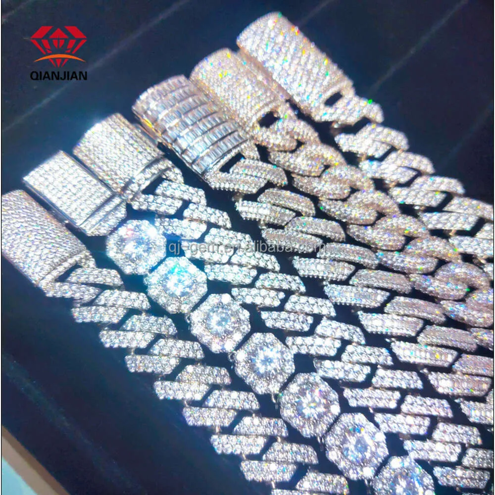 Hip Hop Necklace Iced Out Diamond 14mm 925 Silver Moissanite Cuban Link Chain
