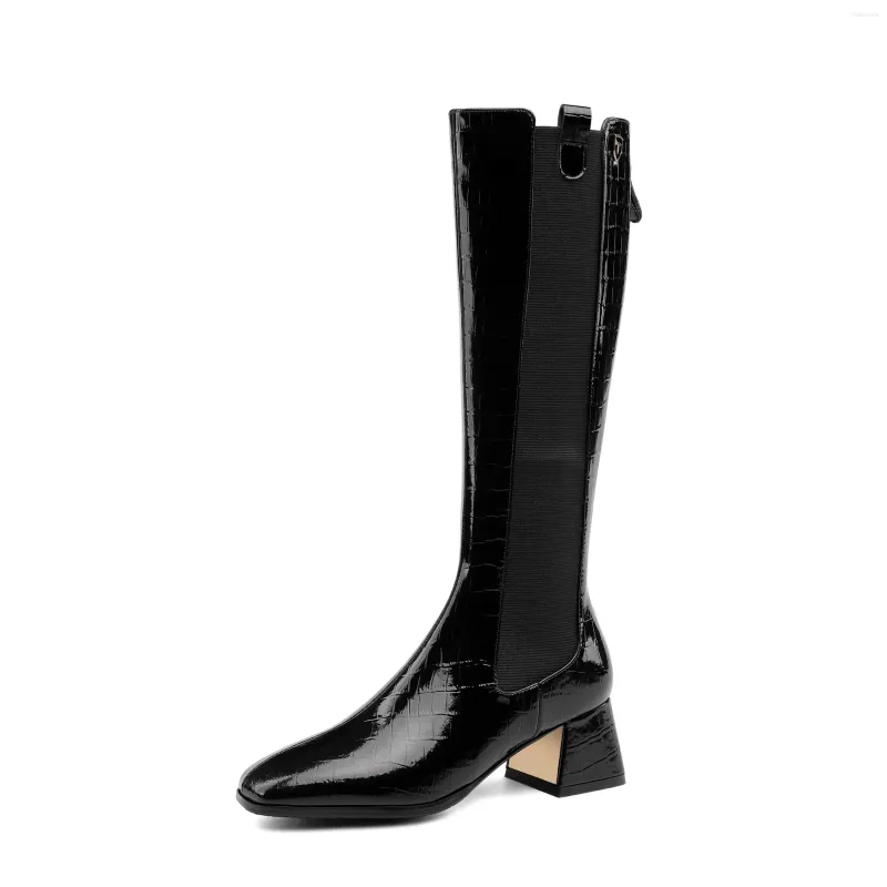 Boots Mstyle Patent Leather Handmade Stretch Knee High For Women Checkered Block Heel Back Zip Black Ladies Autumn Winter Boot