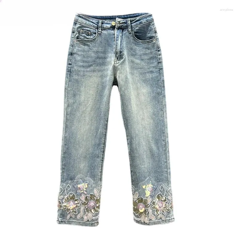 Frauen Jeans direkt für Frauen geschnittene Hosen 2024 Frühlings- und Sommerkleidung hohe Taille National Style Paillierte Blume