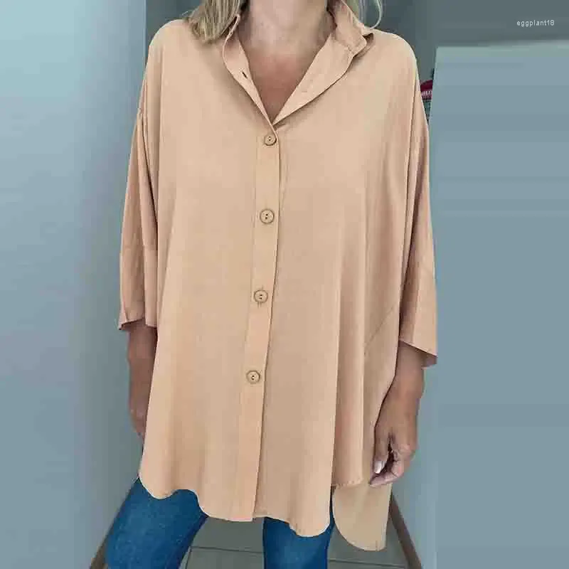 Kvinnors blusar Summer Loose Button Cardigans for Women Solid Color Casual Three Quarter Hyls Fashion Lapel Oregelbundna skjortor Pendlar