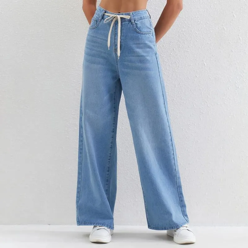 Jeans pour femmes Y2k High Tai-cordon de nage en jean pantalon lâche Lignes larges pantalons bleu clair 2024 Street Street