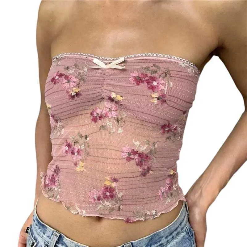 Women's Tanks Camis Xingqing Lace Trim Tube Top y2k 2000s Aesthetic Women Flower Embroidery Strapless Slveless Backless Bandeau Tanks with Bow Y240420