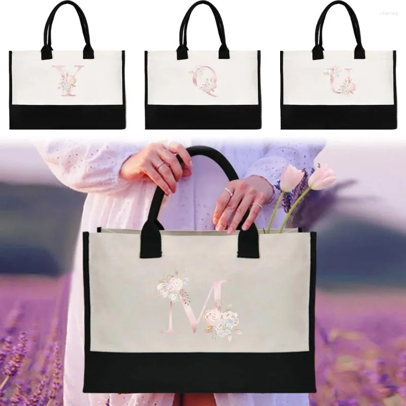 Sacs à provisions portables sac à main pour femmes réutilisables et en jute de jute de l'environnement motif imprimé de la série de fleurs roses