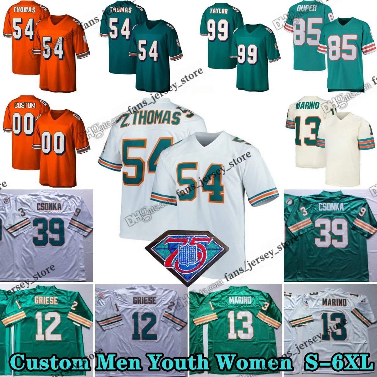 Custom 75th Throwback 13 Dan Marino 1969 Jerseys de fútbol 39 Larry Csonka 12 Bob Griese 99 Jason Taylor 54 Zach Thomas 86 Larry Little 85 Nick Buoniconti Paul Warfield