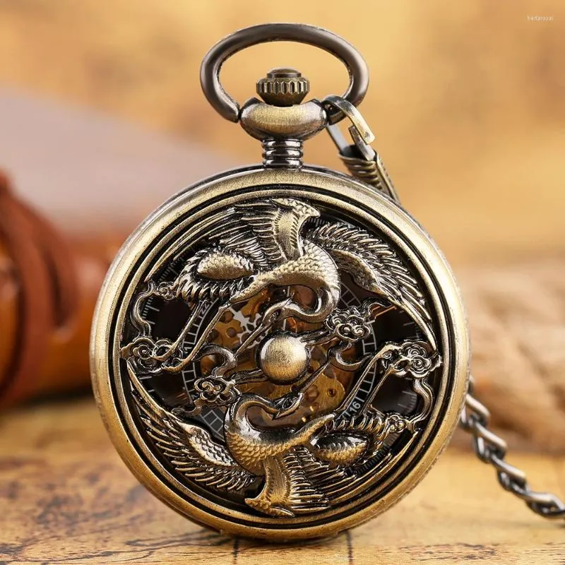 Montres de poche Bronze Automatique mécanique montre Openwork Phoenix Case Clock Pendre Collier Self Winding Collier