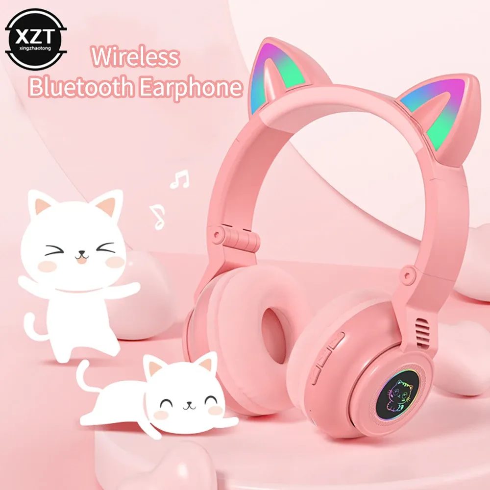 Earphones Bluetoothcompatible Wireless headphones with Mic Cute Cat Kids Girls Stereo Music Gamer Helmet Gaming Headset Support SD card