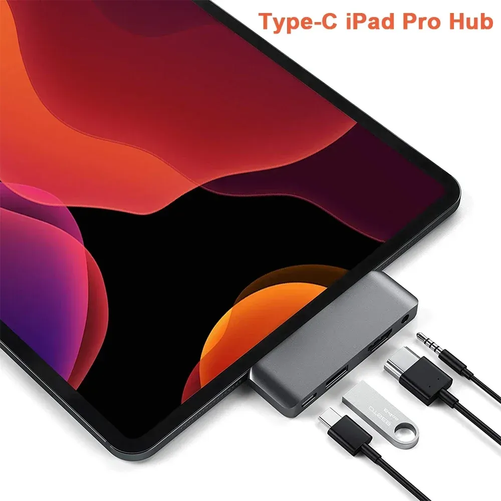 Hubs USB C Hub Typec Mobile Pro Hub -adapter med USBC PD -laddning 4K HDMI USB 3.0 3.5mm Jack för 2020/2018 iPad Pro MacBook Pro