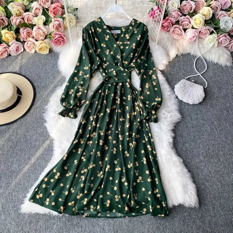 Urban Sexy Dresses Yuoomuoo Vintage Print Women Dress 2023 Spring Autumn Full Sleeve Lace-Up Long Dress Korean Fashion Female Dresses Y240420