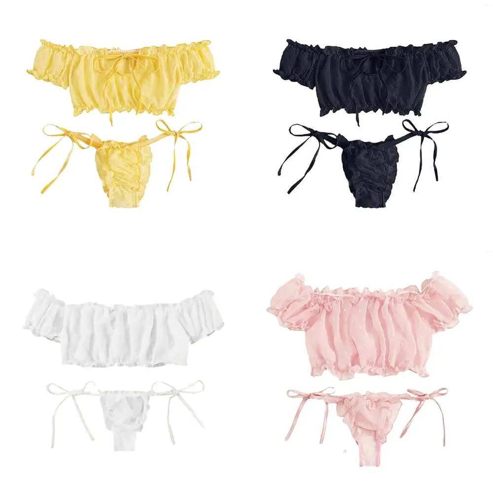 Sets bhas bowknot strappy vrouwen kant sexy lingerie voor een schouder geplooide rekbaar ondergoed perspectief erotische set