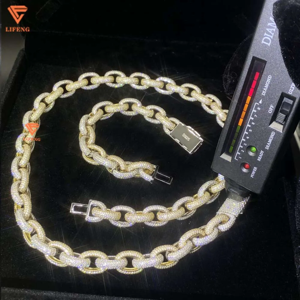 Lifeng Jewelry Hip Hop Iced Miami Chain Cuba 10mm 925 Prata Two Tone Color VVS Moissanite Chain Set Plenagem
