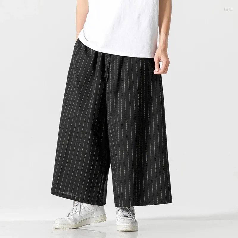 Erkek pantolon erkek artı boyutu gevşek rahat Japon sokak kıyafeti şerit pamuk keten vintage geniş bacak etek kadınlar büyük boy harem pantolon