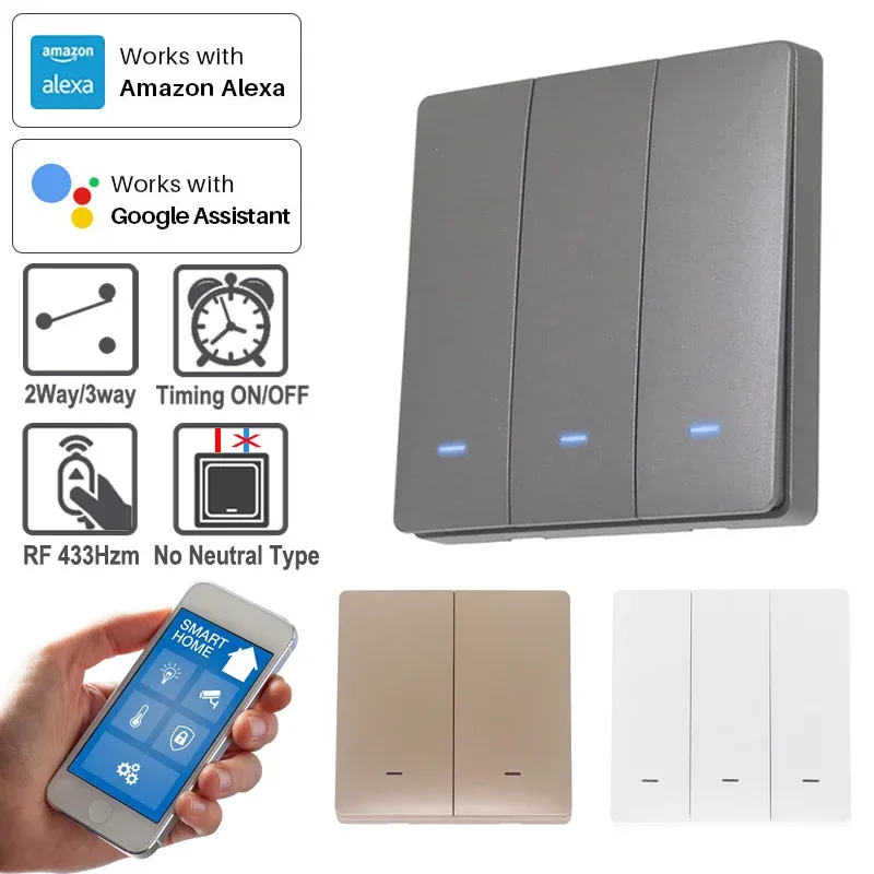 Kontrol yok nötr wifi +rf433 düğme ışık duvar anahtarı 3 color mavi LED 86*86mm tuya akıllı ev 2way/3way alexa Google Home Alice