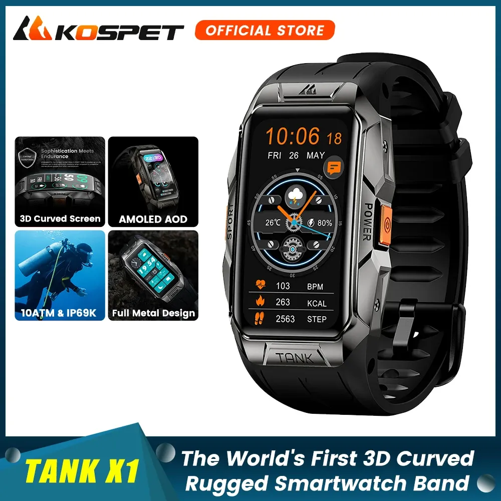 T-shirt Kospet Tank X1 Smart Watch Men Women SmartBand 10 ATM Waterproof Oolons 1.47 "Bracciale Amoled Aod 3D Fitness Tracker Smartwatch