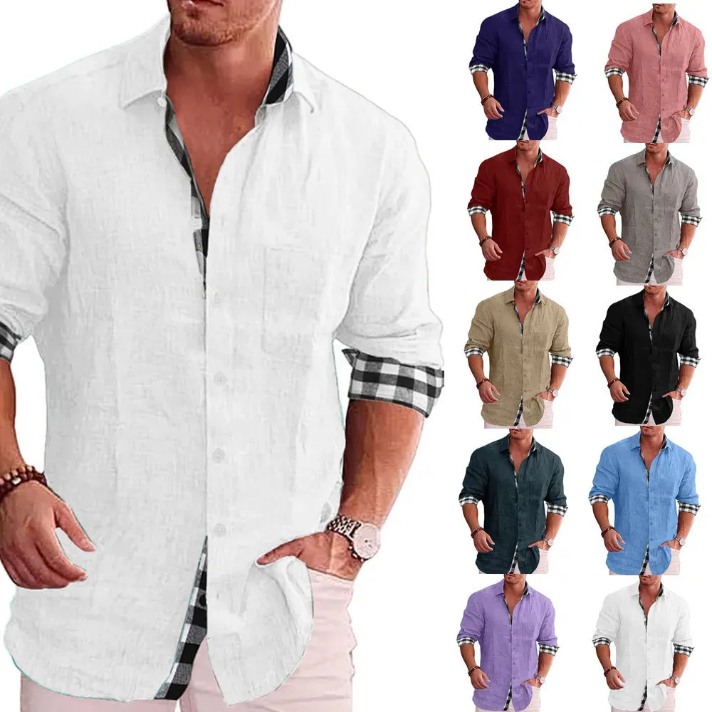 Camisetas masculinas Roupas lisas de mangas compridas Roupas de designer Blusa normal Moda social Camisa branca de algodão e linho Basic 240418