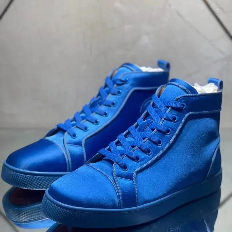 Casual Shoes Luxury Dress High Top For Men Trainers Spiked Blue Silk äkta läder Inga nitar Flats Sneakers Driving Footwear