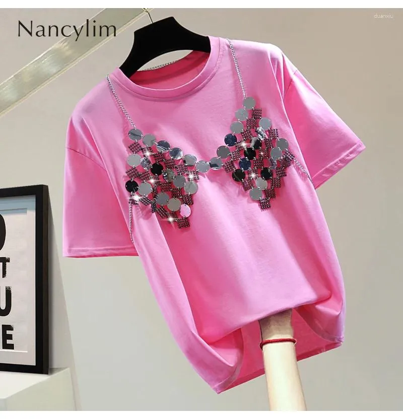 Kvinnors T-skjortor Crystal-Studded paljetter Tvådelar Set Top Tshirt 2024 Summer Korean Style Solid Color Round Neck Kort ärm T-shirt