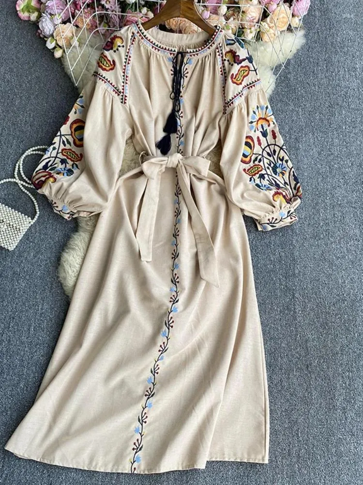 Vintage Cotton Linen Dress Women Mid-Calf A-Line Slim Fit with Lantern  Sleeves and Embroidery for Autumn from Dhgate Basic & Casual Dresses -  price 49.42