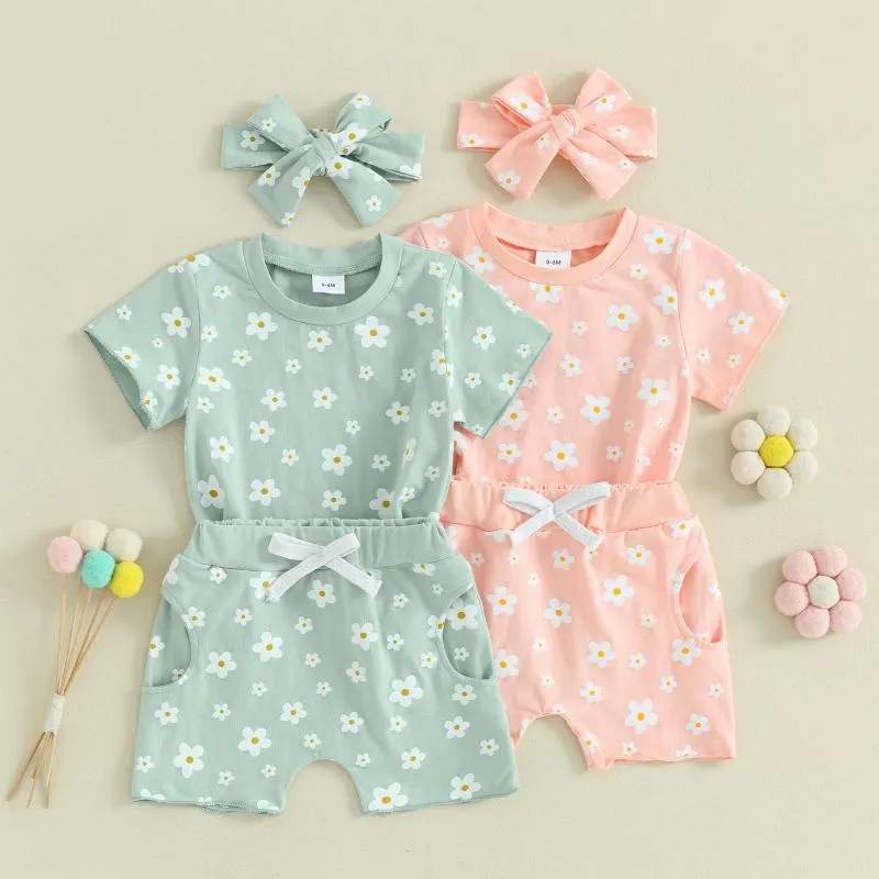 Kledingsets Focusnorm 0-3Y Lovely Baby Girls Summer Desfits Outfits Floral Print Short Sleeve T-Shirt en Shorts Headband Set