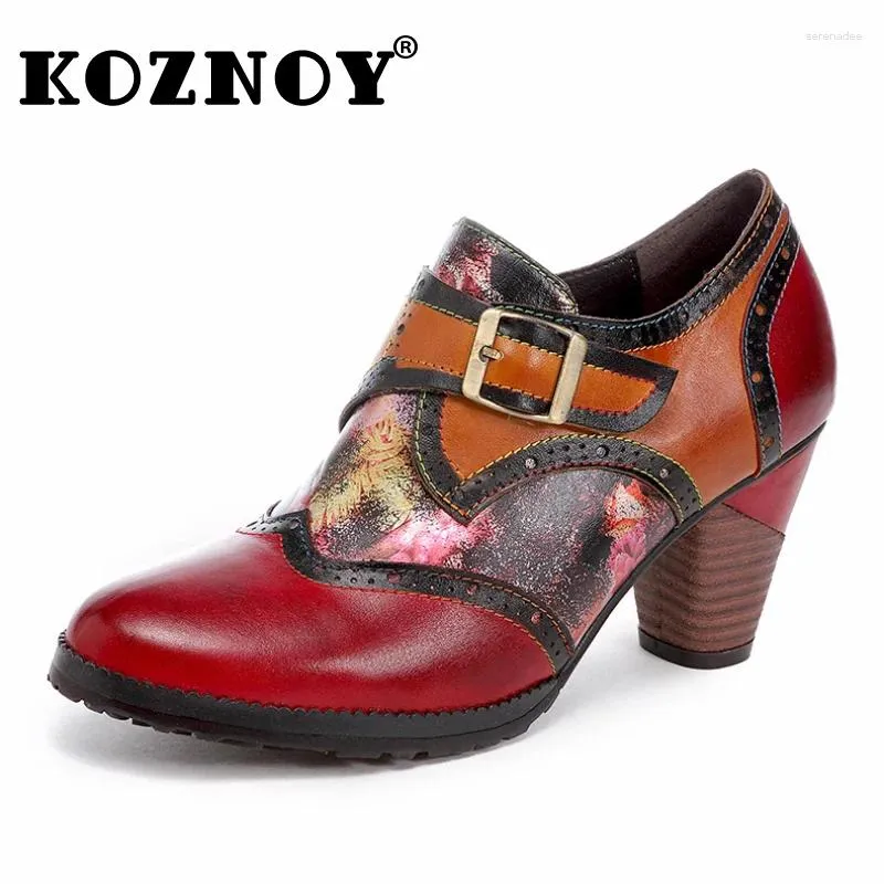 Kledingschoenen Koznoy 7cm afdrukken naaien etnische zomer herfst vrouwen haak grote size dame mode gemengde kleur non slip Brits echt leer