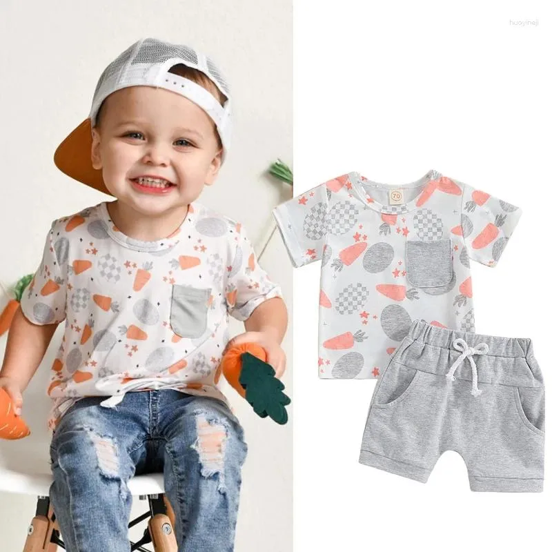 Ensembles de vêtements Focusnorm 2pcs Toddler Baby Boys Boys Vêtements de Pâques 0-3Y Carrot Print Imprimé à manches courtes Pocket T-shirts Tops Shorts
