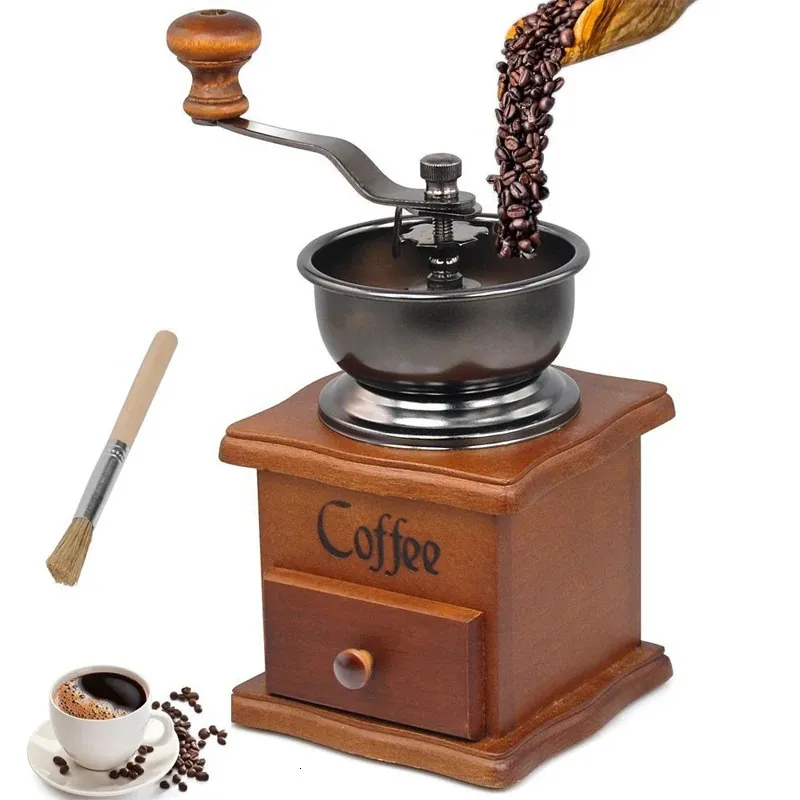 LMETJMA Retro Manual Coffee Grinder Mill en acier inoxydable avec une machine de conception de bois de brosse de nettoyage 240416