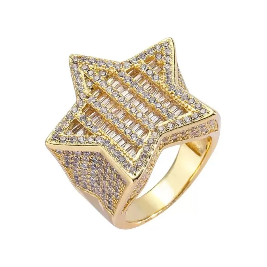 Hip Hop avec des pierres latérales cinq étoiles Ring Men's Gold Silver Color Iced Out Cumbic Zirconia Cadeaux Coupages de mariage Femme Jewe285f